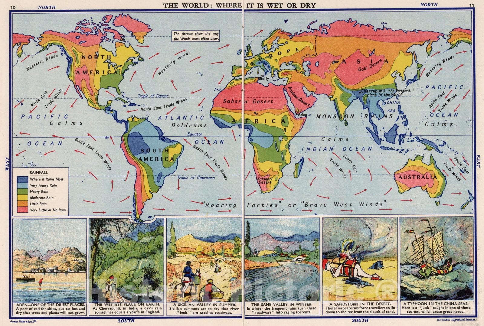 Historic Map : Geography Book, The World: Where It is Wet or Dry. 1935 - Vintage Wall Art