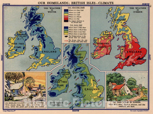 Historic Map : Geography Book, Our Homelands: British Isles - Climate. 1935 - Vintage Wall Art