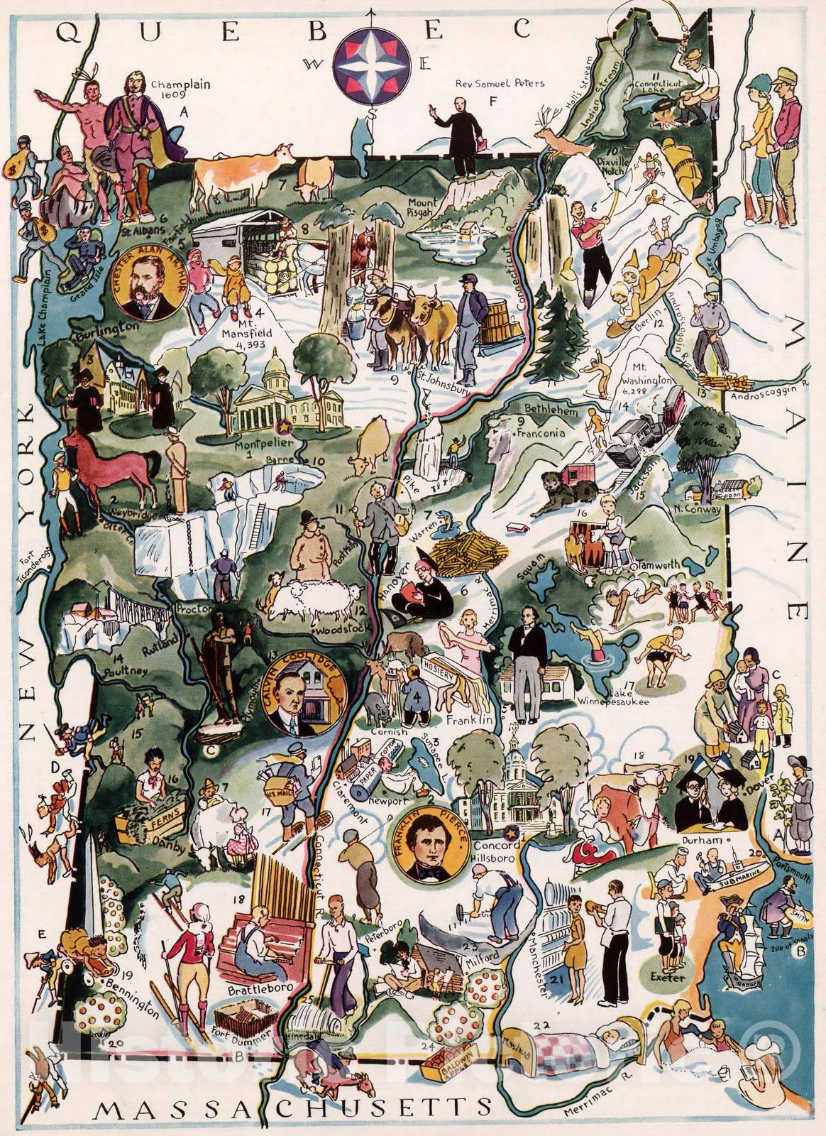 Historic Map : Vermont. New Hampshire. 1932 - Vintage Wall Art
