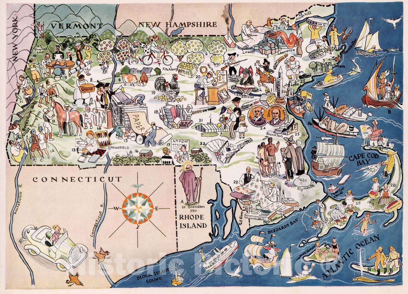 Historic Map : Massachusetts. 1932 - Vintage Wall Art