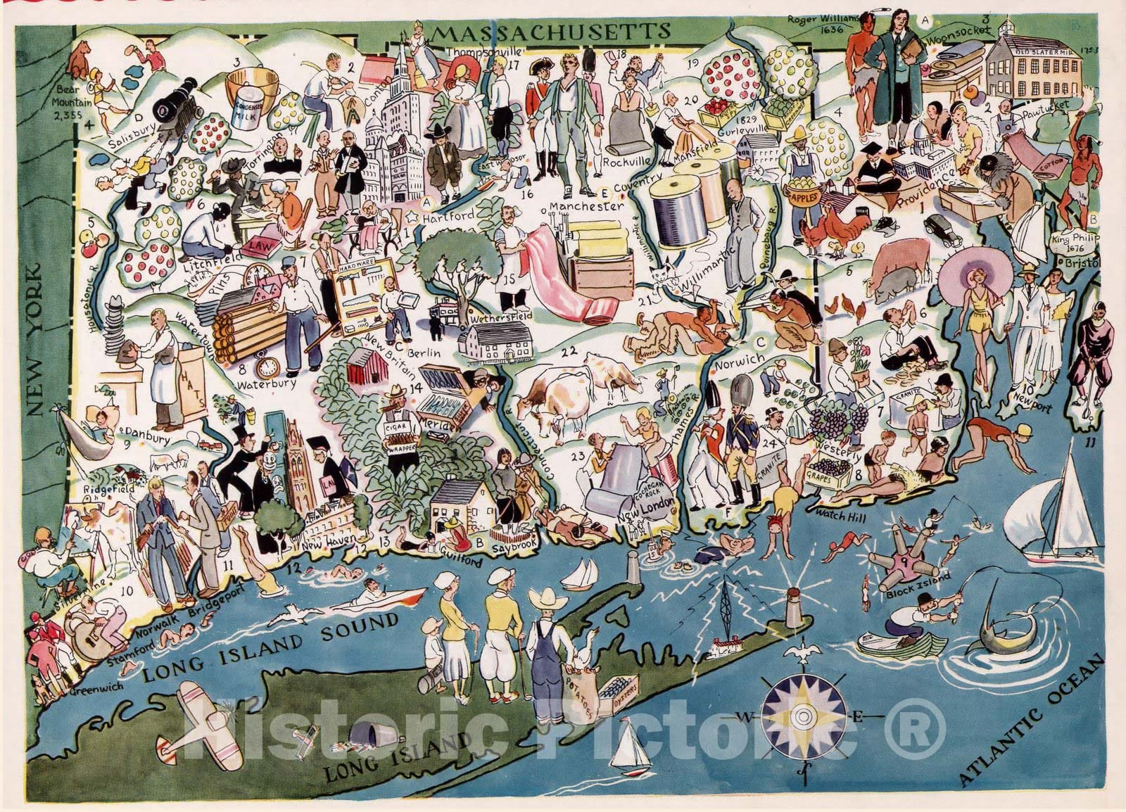 Historic Map : Connecticut. Rhode Island. 1932 - Vintage Wall Art