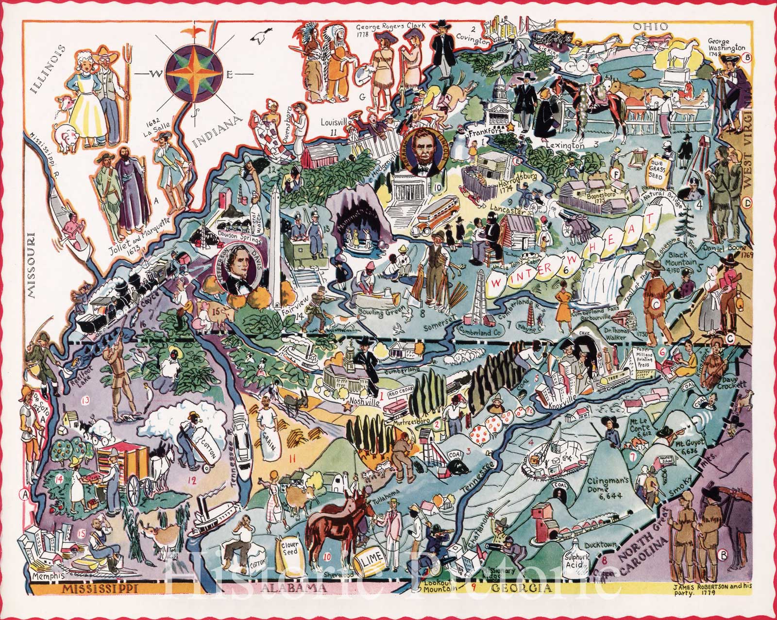 Kentucky and Tennessee - Pictorial Map, 1932 - Historical Map Print