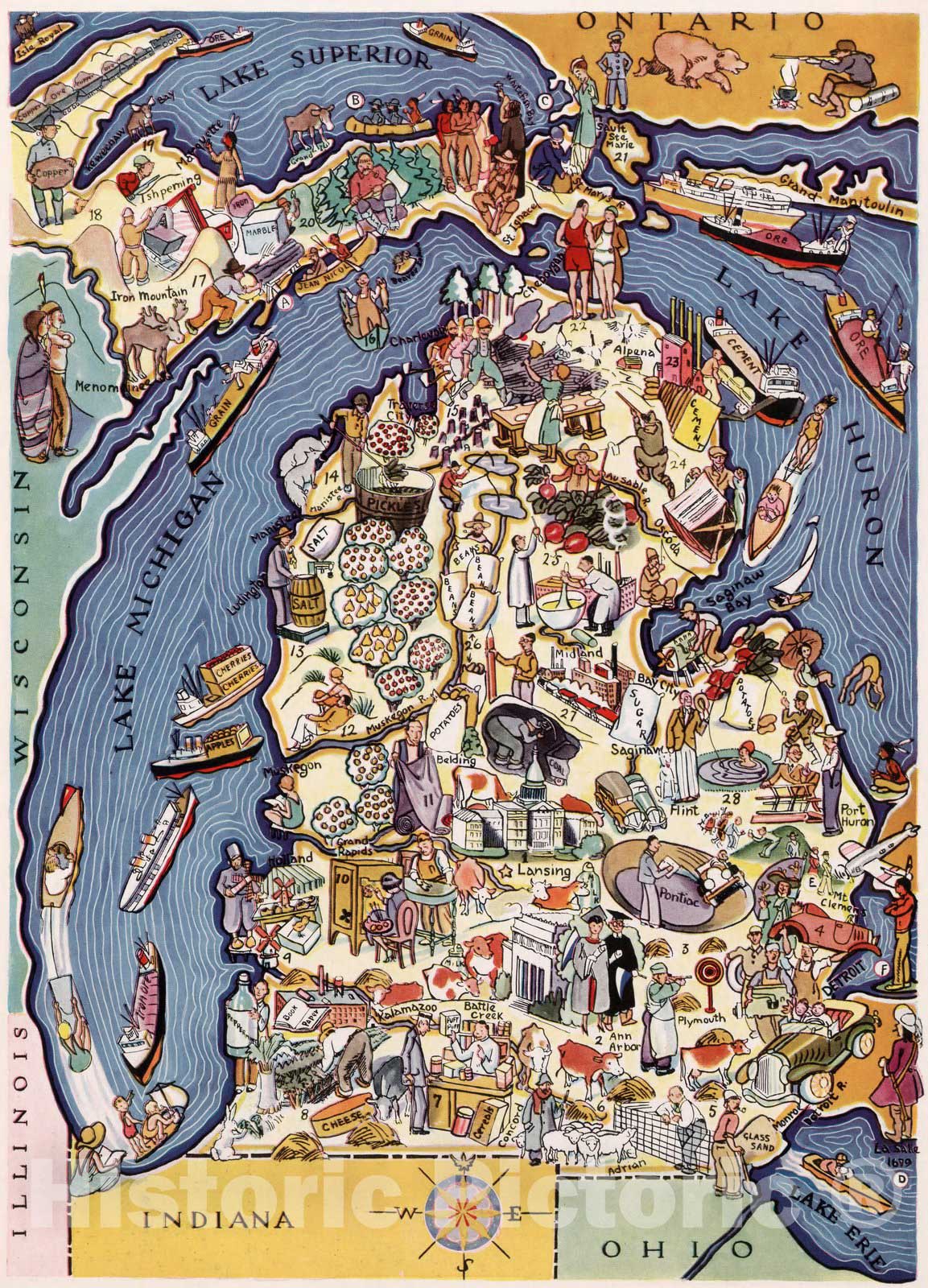 Michigan - Pictorial Map, 1932 - Historical Map Print