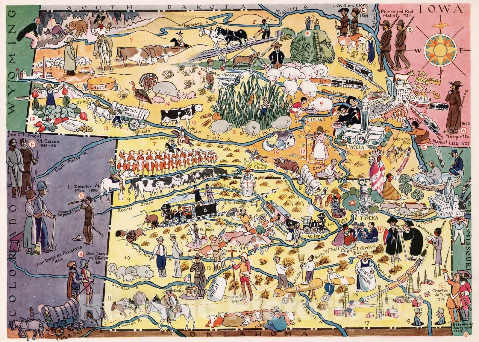 Historic Map : Kansas. Nebraska. 1932 - Vintage Wall Art