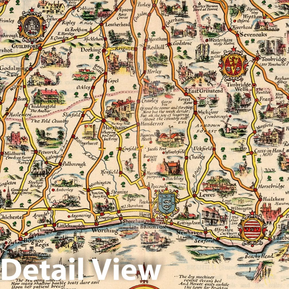 South Coast, England - Pictorial Map, 1933 - Historical Map Print