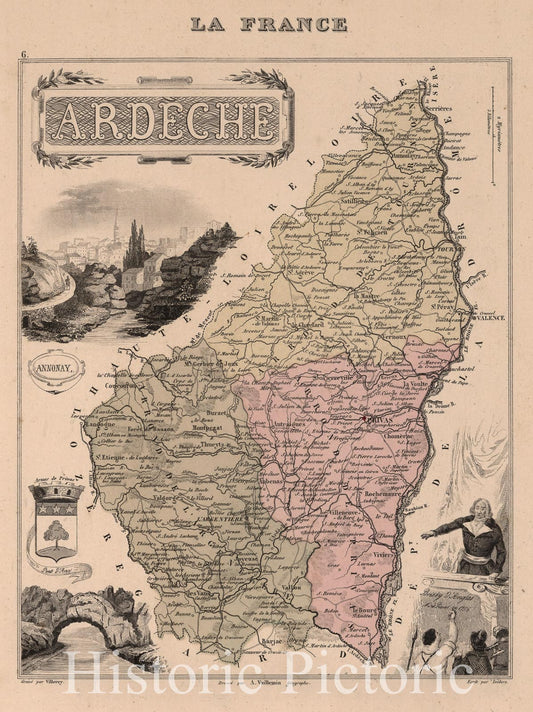 Ardeche, France - Department Map, 1869 - Historical Map Print