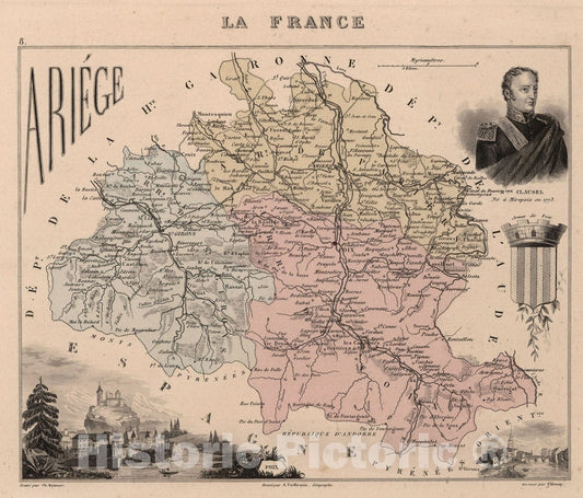 Historic Map : Ariege. 1869 - Vintage Wall Art