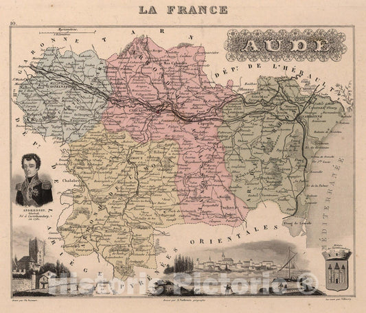 Historic Map : Aude. 1869 - Vintage Wall Art
