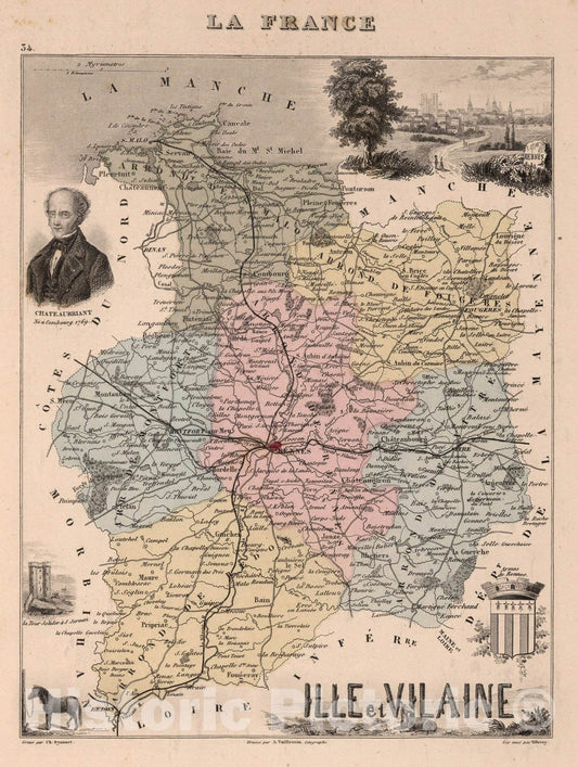Historic Map : Ille-et-Vilaine. 1869 - Vintage Wall Art