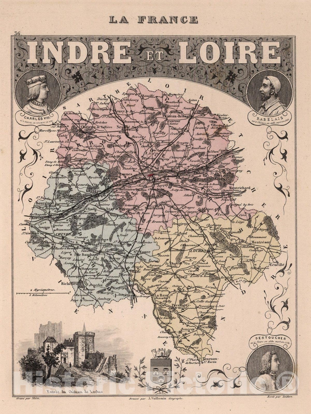 Historic Map : Indre et Loire. 1869 - Vintage Wall Art