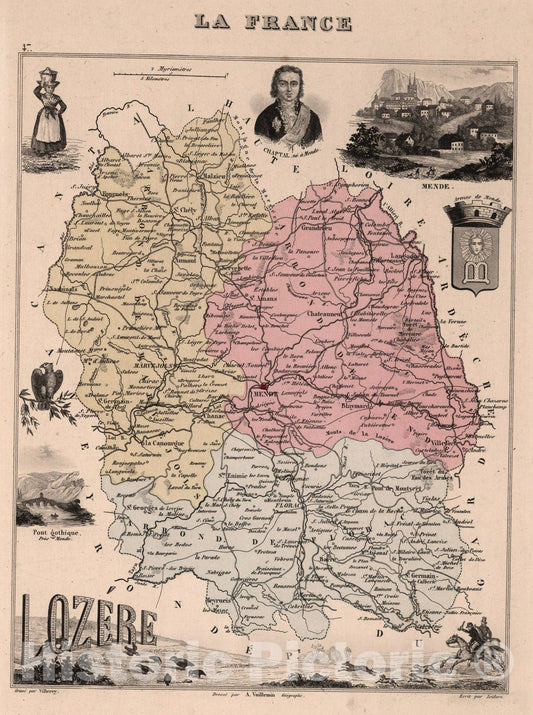 Historic Map : Lozere. 1869 - Vintage Wall Art