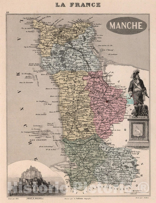 Historic Wall Map : Manche. 1869 - Vintage Wall Art