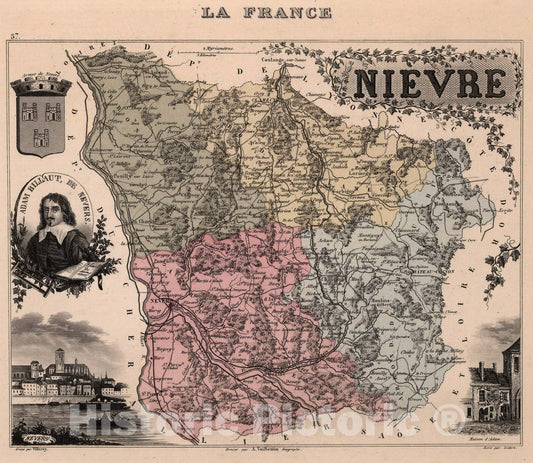 Historic Map : Nievre. 1869 - Vintage Wall Art