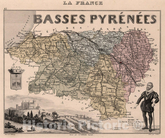 Historic Map : Basses-Pyrenees. 1869 - Vintage Wall Art