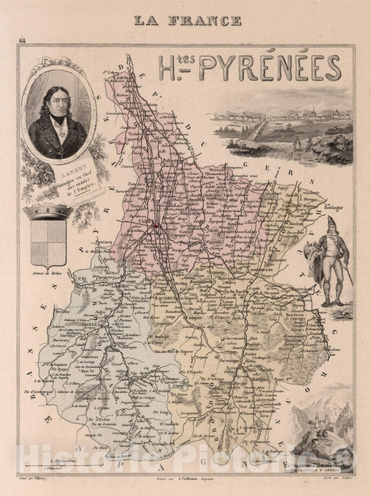 Historic Map : Hautes-Pyrenees. 1869 - Vintage Wall Art