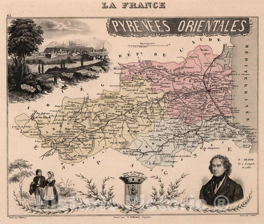 Historic Map : Pyrenees-Orientales. 1869 - Vintage Wall Art