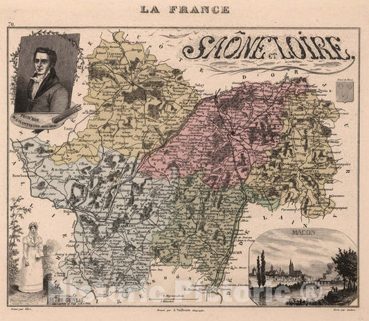 Historic Map : Saone-et-Loire. 1869 - Vintage Wall Art