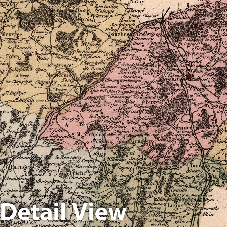Saone-et-Loire, France - Department Map, 1869 - Hand-Colored Historical Map Print