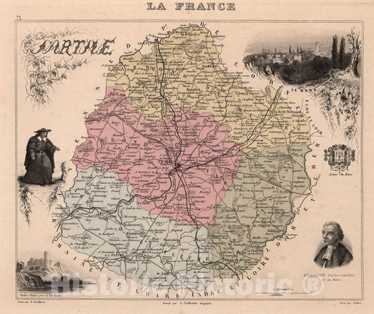 Historic Map : Sarthe. 1869 - Vintage Wall Art