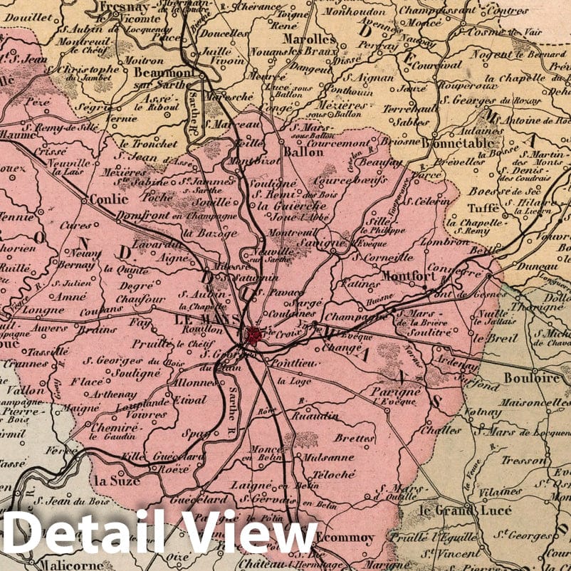 Sarthe, France - Department Map, 1869 - Historical Map Print