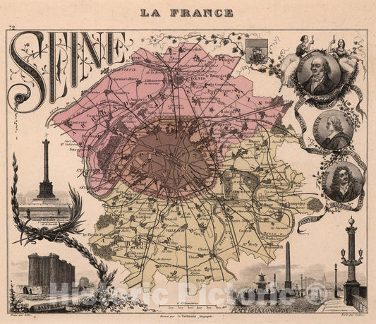 Historic Map : Seine. 1869 - Vintage Wall Art
