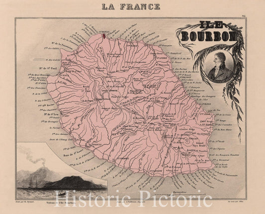 Reunion Island, 1869 - Historical Map Print from La France et ses Colonies