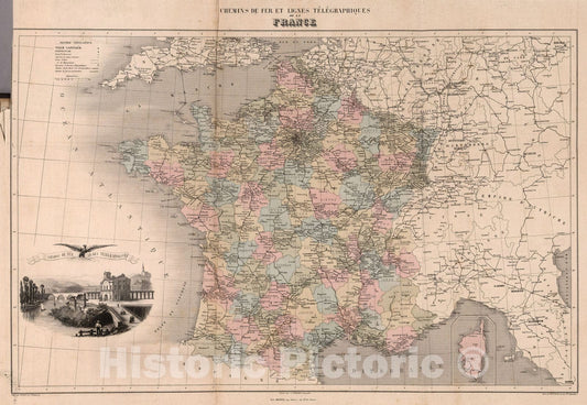 Historic Map : France, Chemins de Fer et Lignes Telegraphiques de la France. 1869 , Vintage Wall Art