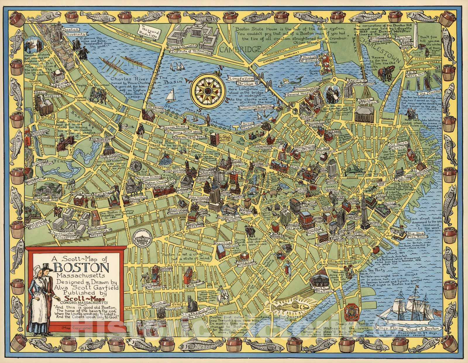 Boston, Massachusetts - Pictorial Map, 1960 - Historical Map Print