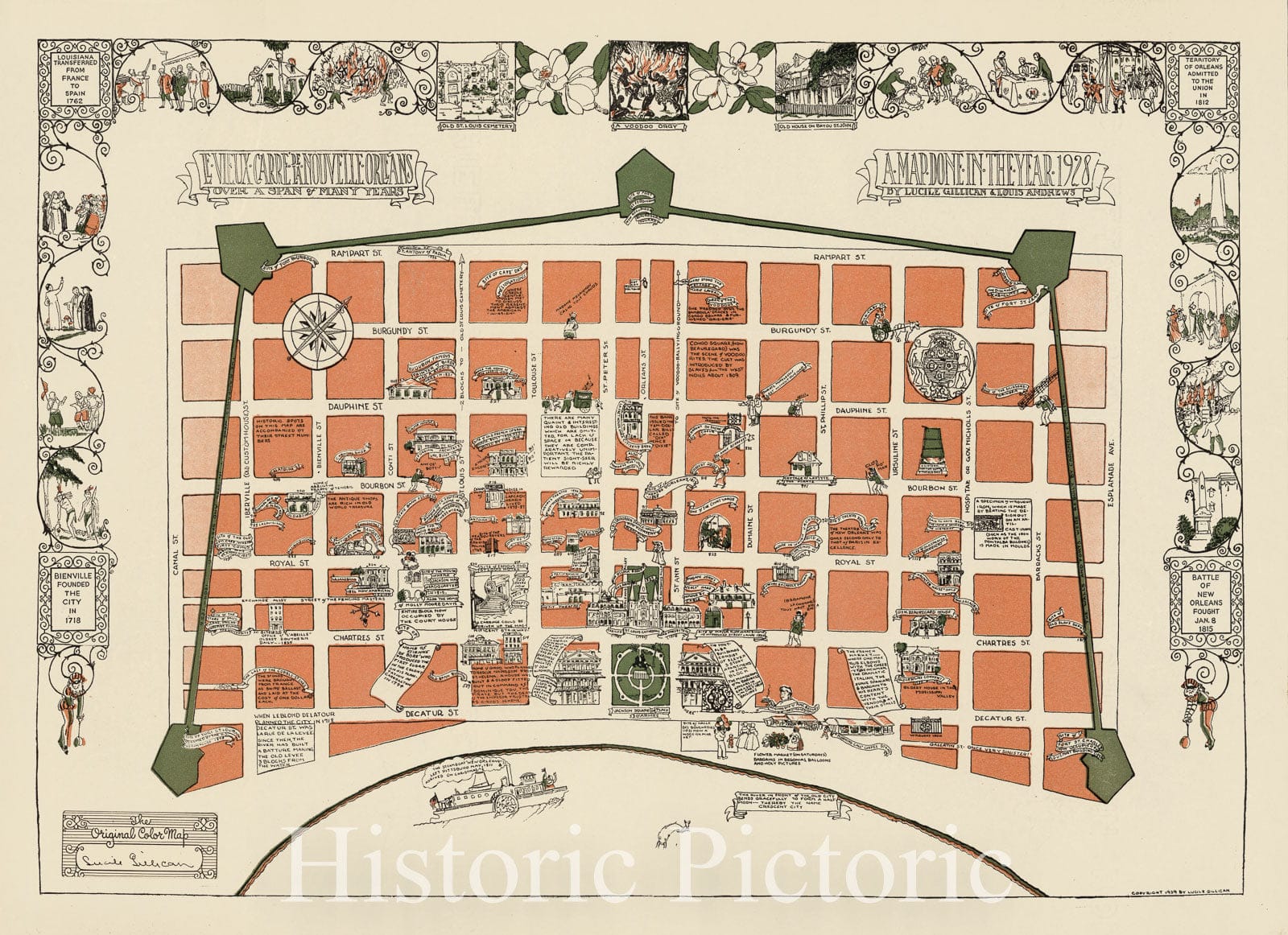 Historic Map : New Orleans (La.), Le Vieux Carre de la Nouvelle Orleans (New Orleans) Over a Span of Many Years. 1928 , Vintage Wall Art
