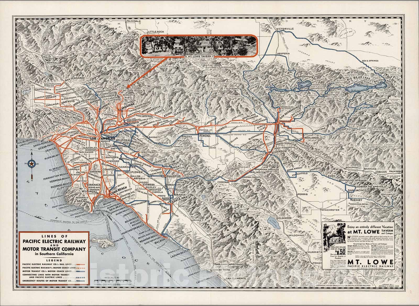 Southern California - Railroad Map, 1933 - Pacific Electric Railway Historical Print