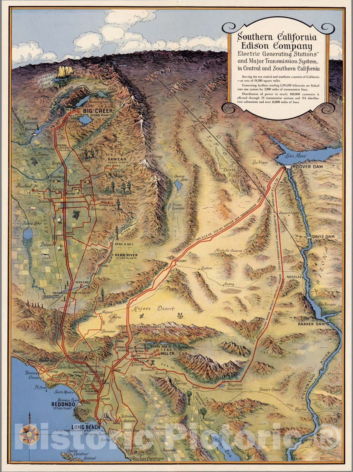 Historic Map - Southern California Edison Company. Electric Generating Stations and Transmission System in Central and Southern California. 1947 - Vintage Wall Art