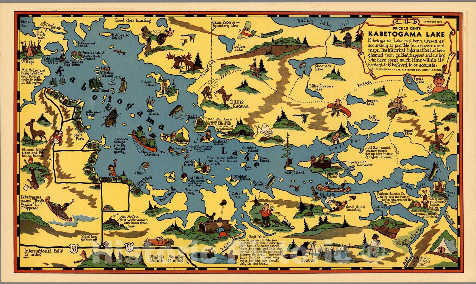 Kabetogama Lake - Pictorial Map, 1936 - Historical Map Print