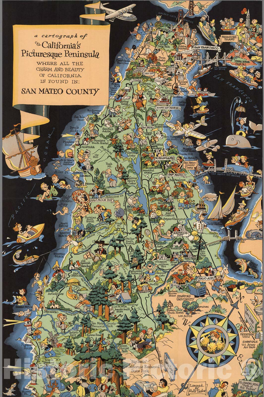 Historic Map - Cartograph of California's Picturesque Peninsula where all the Charm and Beauty of California is Found in San Mateo County, 1930 v3