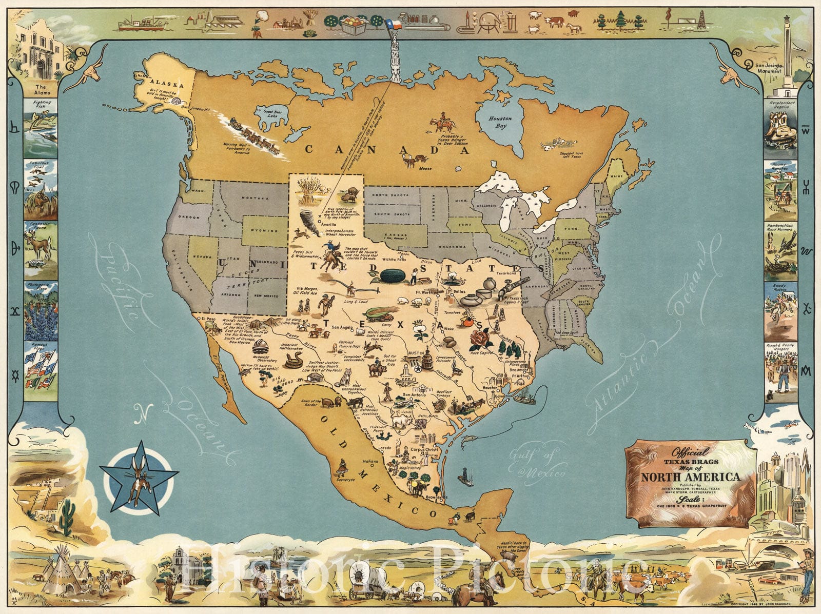 Historic Map : Official Texas Brags Map of North America, 1948 - Vintage Wall Art