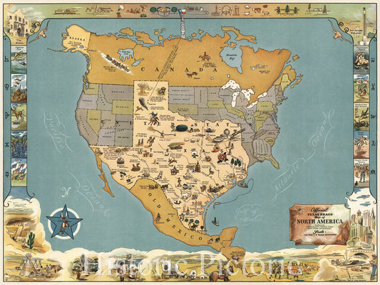 Historic Map : Official Texas Brags Map of North America, 1948 - Vintage Wall Art