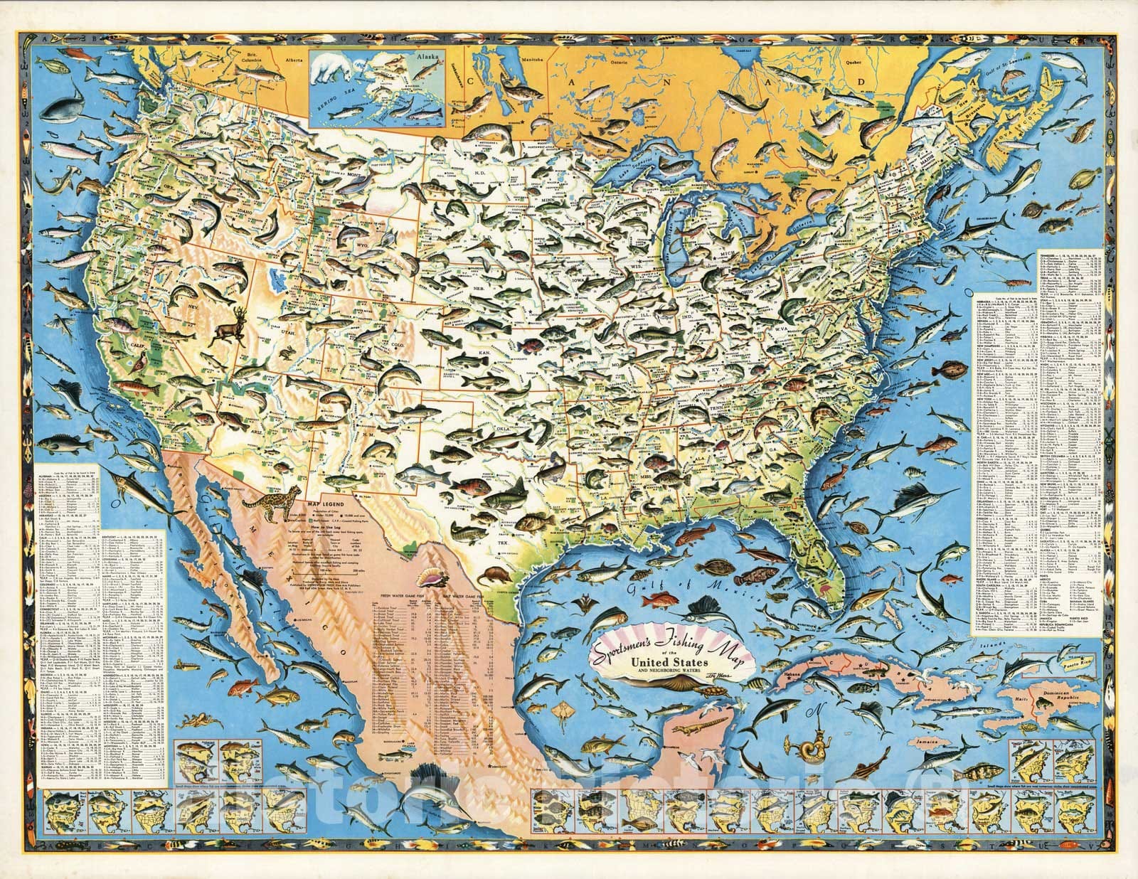 Sportsmen's Fishing Map of the United States and Neighboring Waters - 1957 Pictorial Map Print