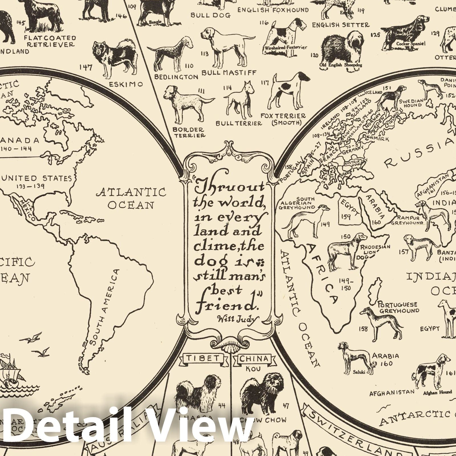 Dogs of All Nations Map - Pictorial Map, 1936 - Historical Map Print