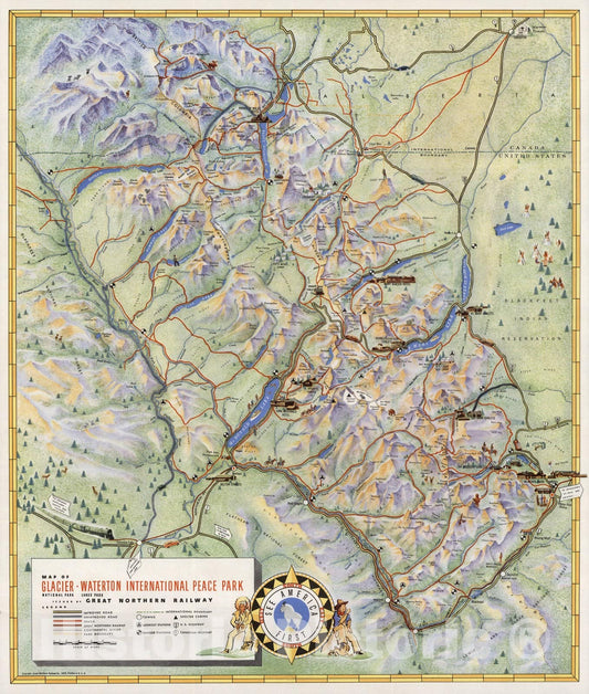 Glacier National Park and Waterton Lakes National Park - Pictorial Map, 1939
