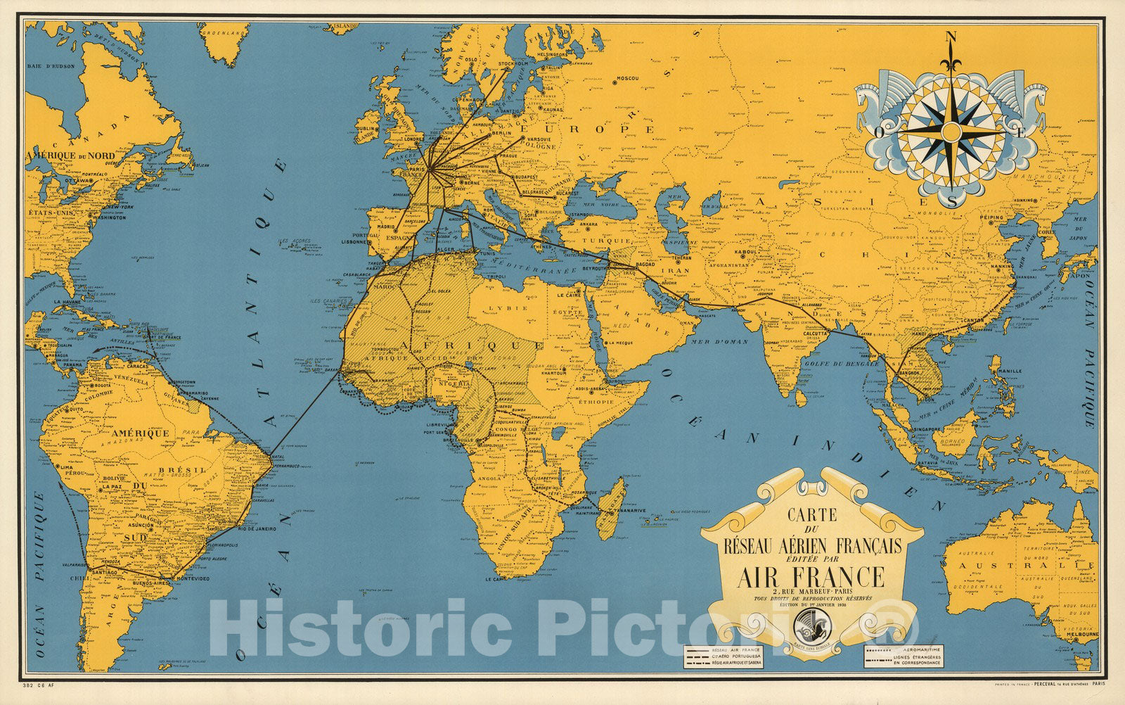 Historic Map : Carte du Reseau Aerien Francais, (Map French Air Network), 1938 - Vintage Wall Art