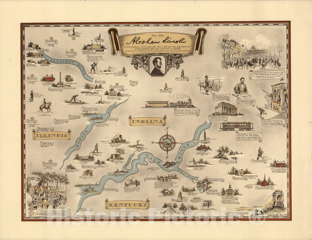 Historic Map : Abraham Lincoln, 1809-1865. Indiana, Kentucky, Illinois., 1934, Vintage Wall Decor
