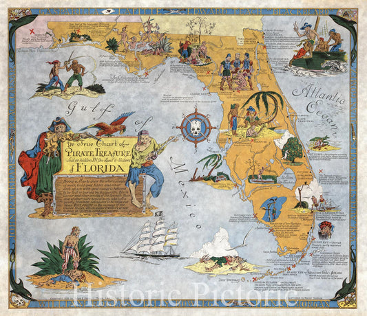 Florida - Pictorial Map, 1960 - Pirate Treasure Historical Map Print