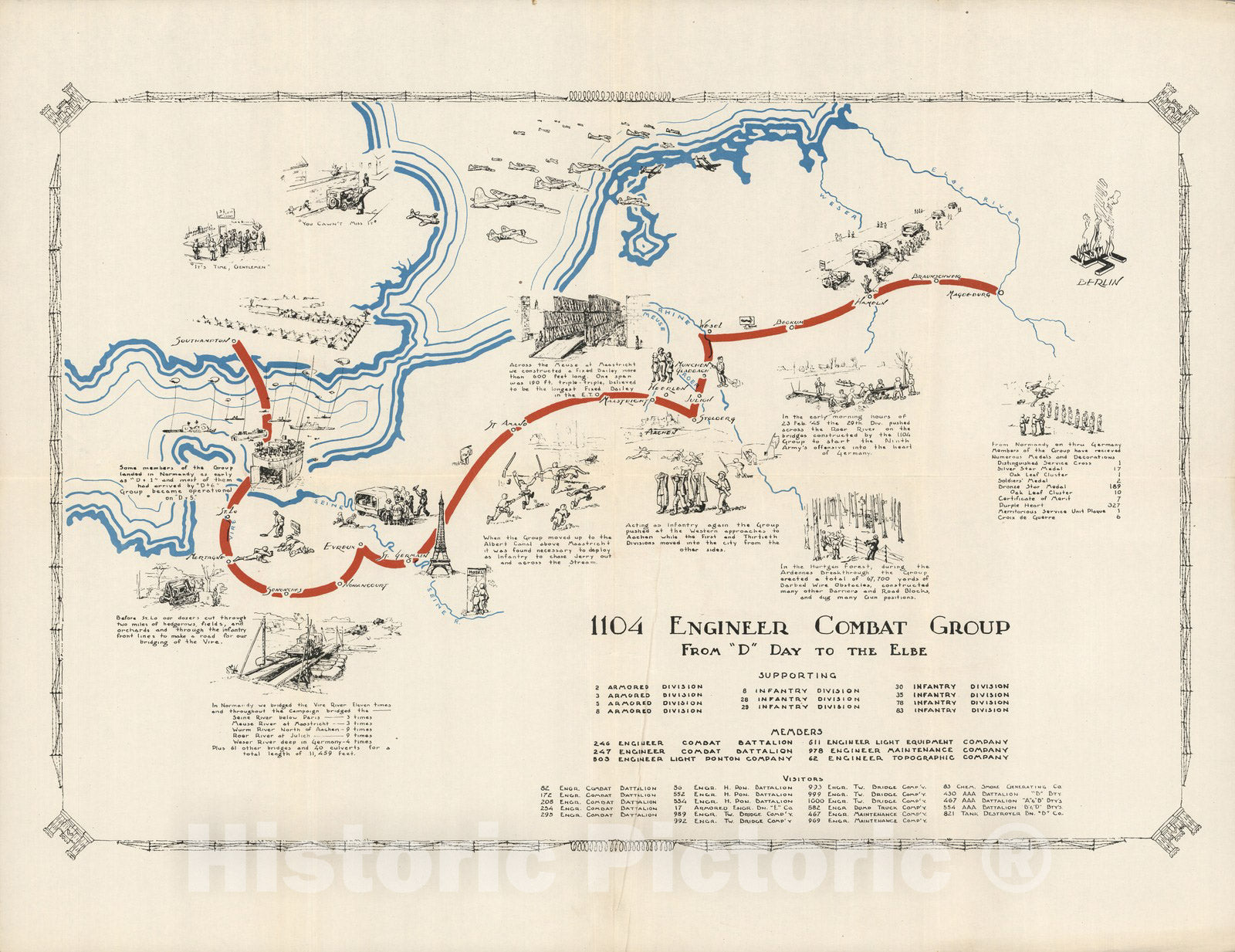 World War II: 1104 Engineer Combat Group Route - Pictorial Map, 1945
