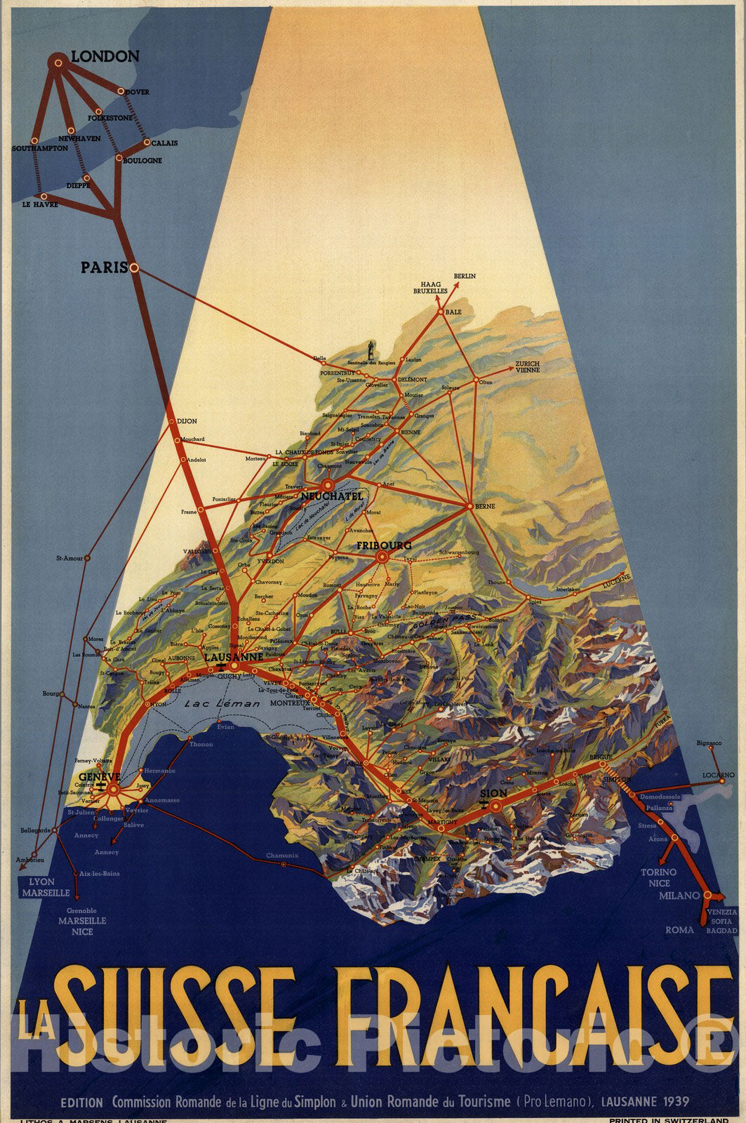 Historic Map : Railroads of French Speaking Switzerland. 1939 - Vintage Wall Art