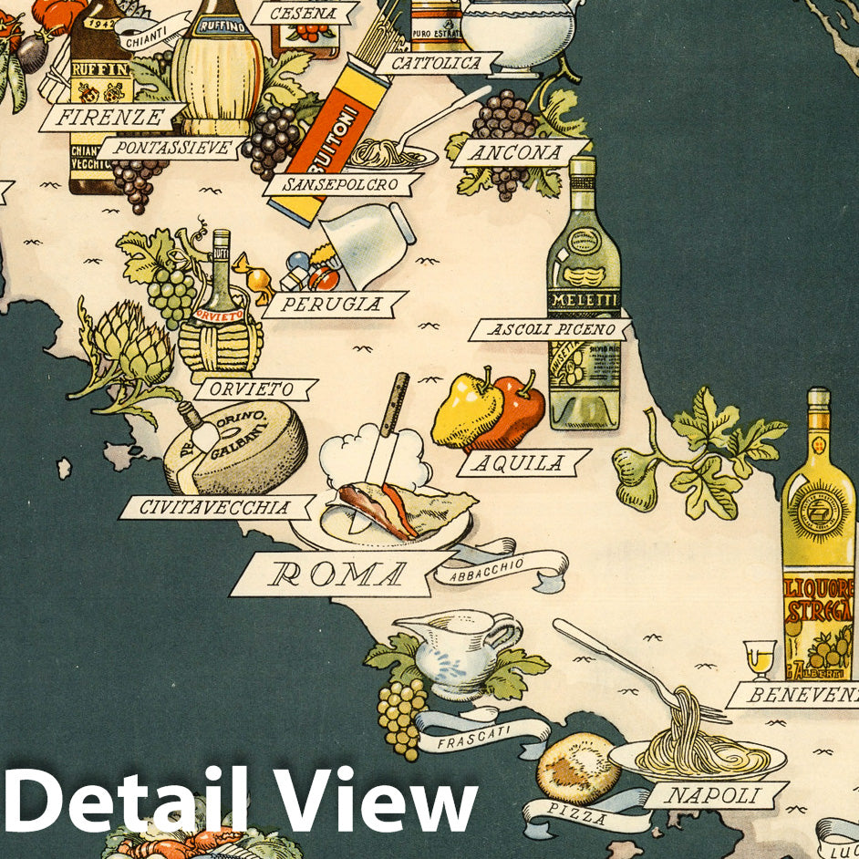 Italy - Pictorial Map, 1949 - Gastronomic Historical Map Print