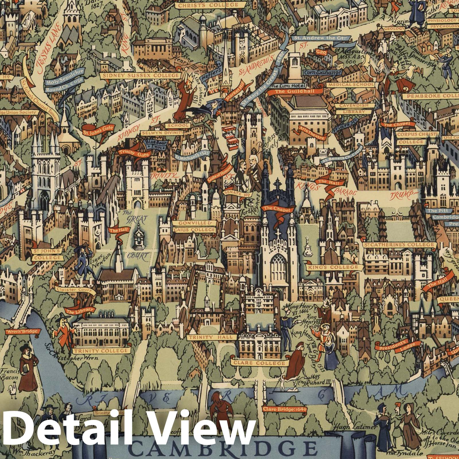 Historic Map : Pictorial map, Cambridge, England. 1948 - Vintage Wall Art