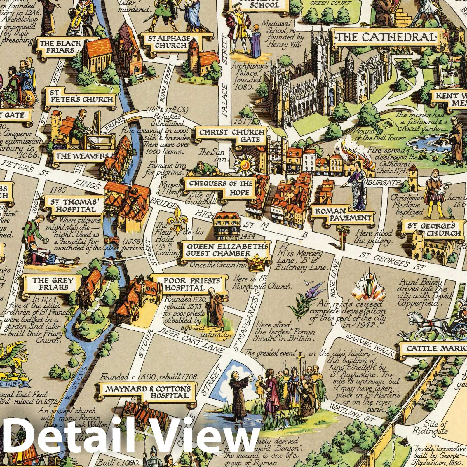 Canterbury, England - Pictorial Map, 1952 - Historical Map Print
