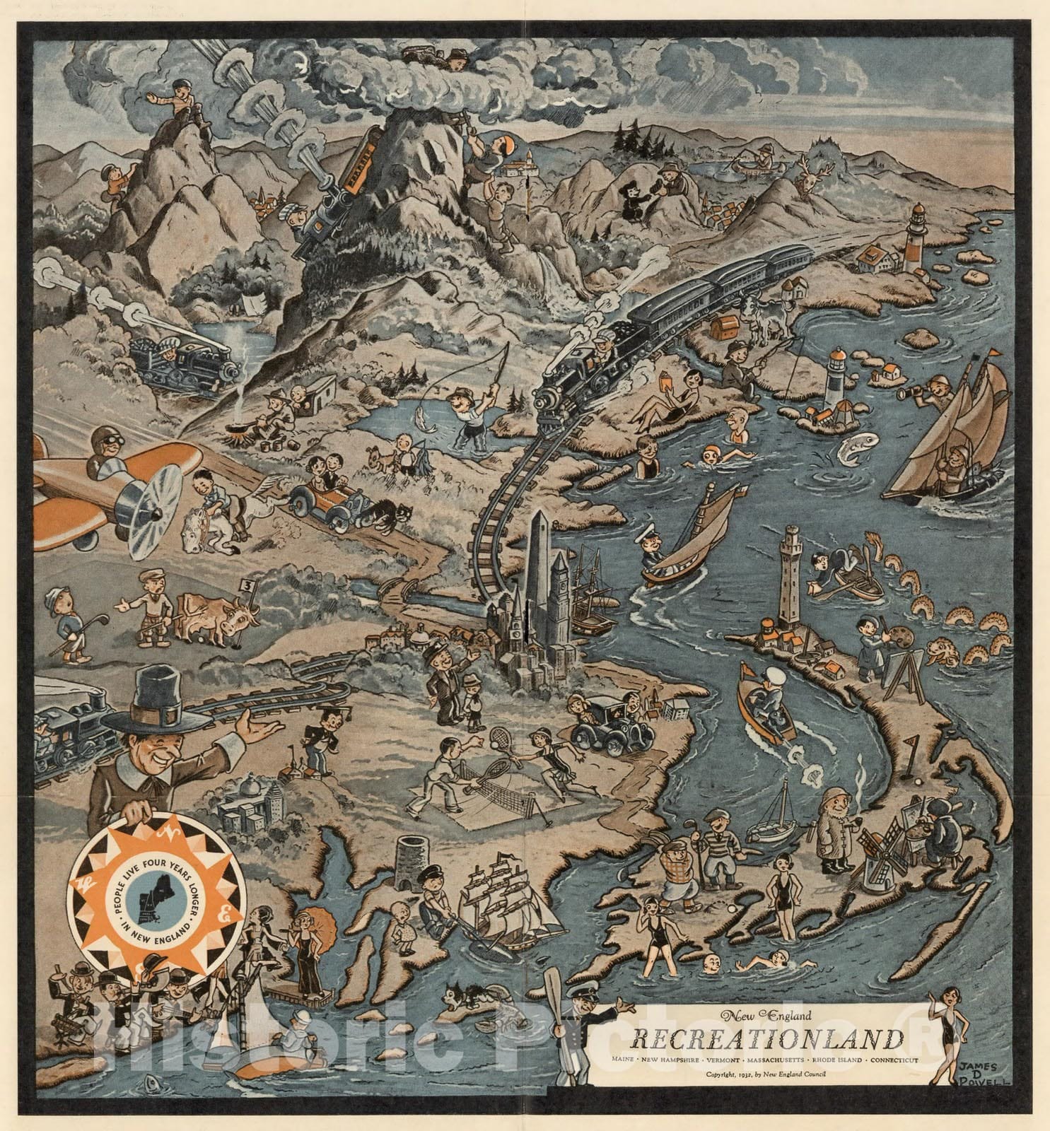 New England - Pictorial Map, 1932 - Historical Map Print