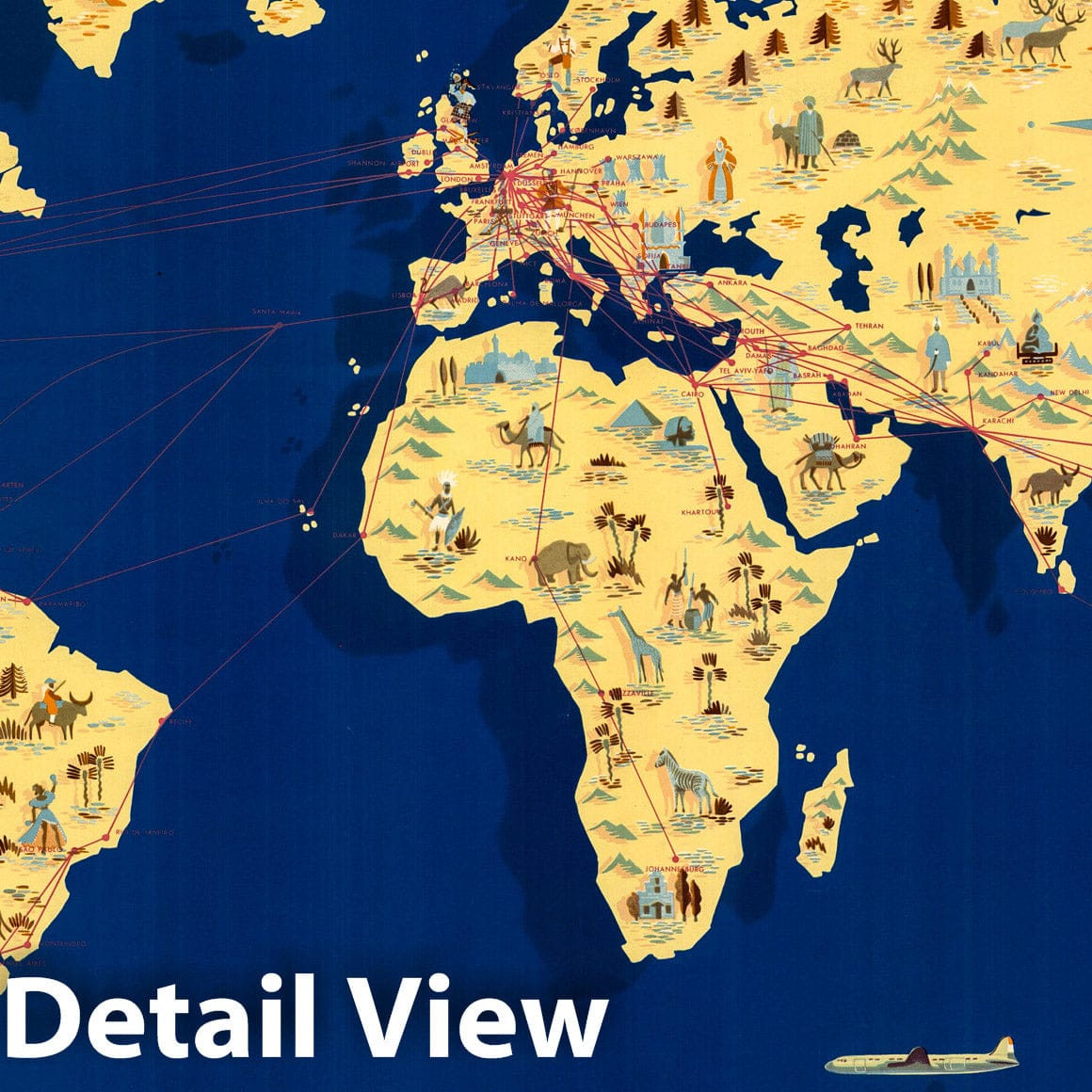 KLM - World Airline Routes, 1955 - Vintage Pictorial Map Print