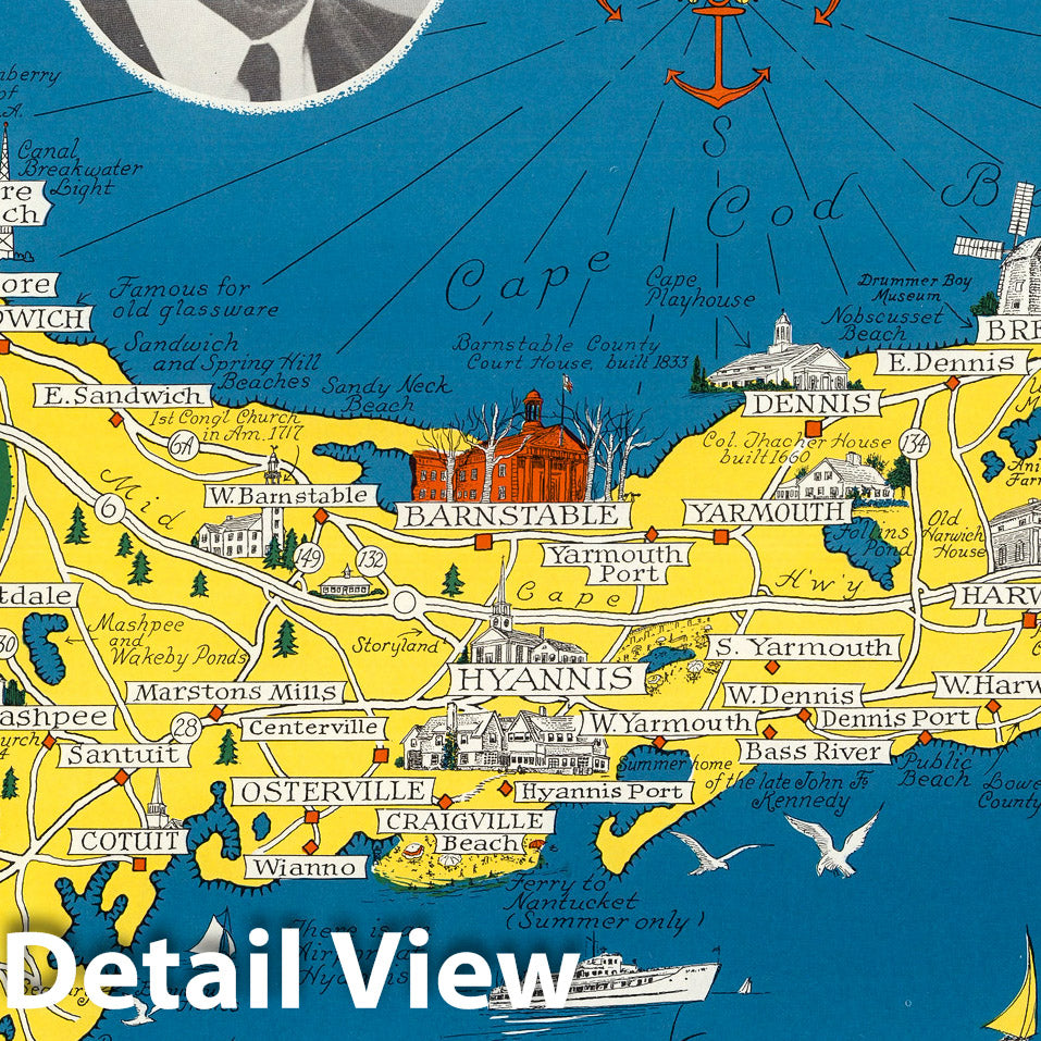 Cape Cod, Massachusetts - Pictorial Map, 1964 - Historical Map Print