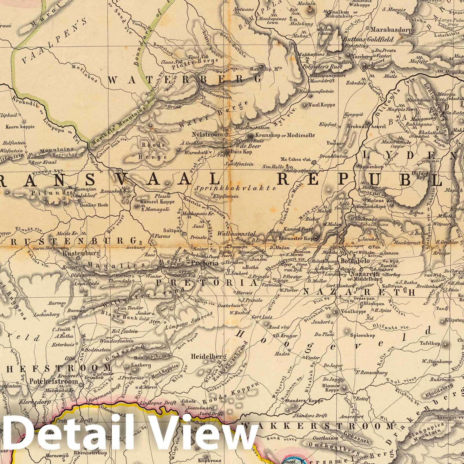 Transvaal Republic, South Africa - Road Map, 1875 - Historical Map Print